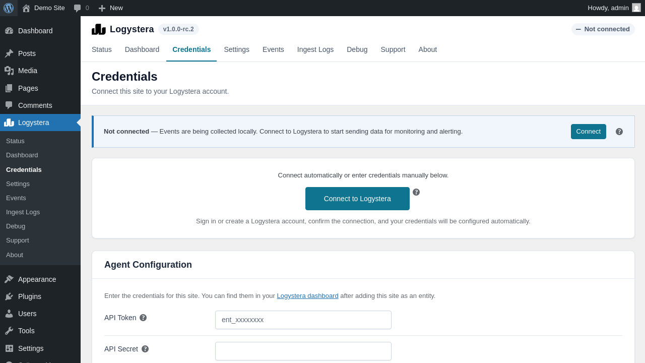 The Credentials page before the site is connected