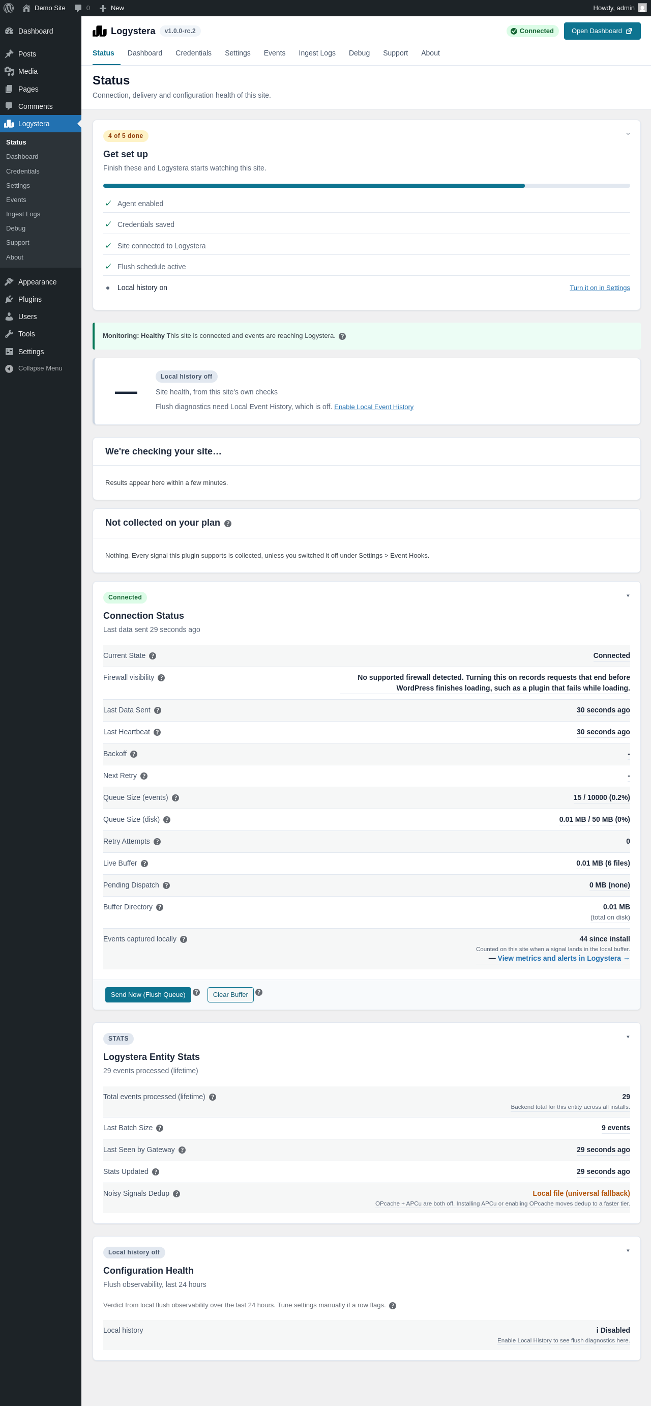 The Status page of a connected site