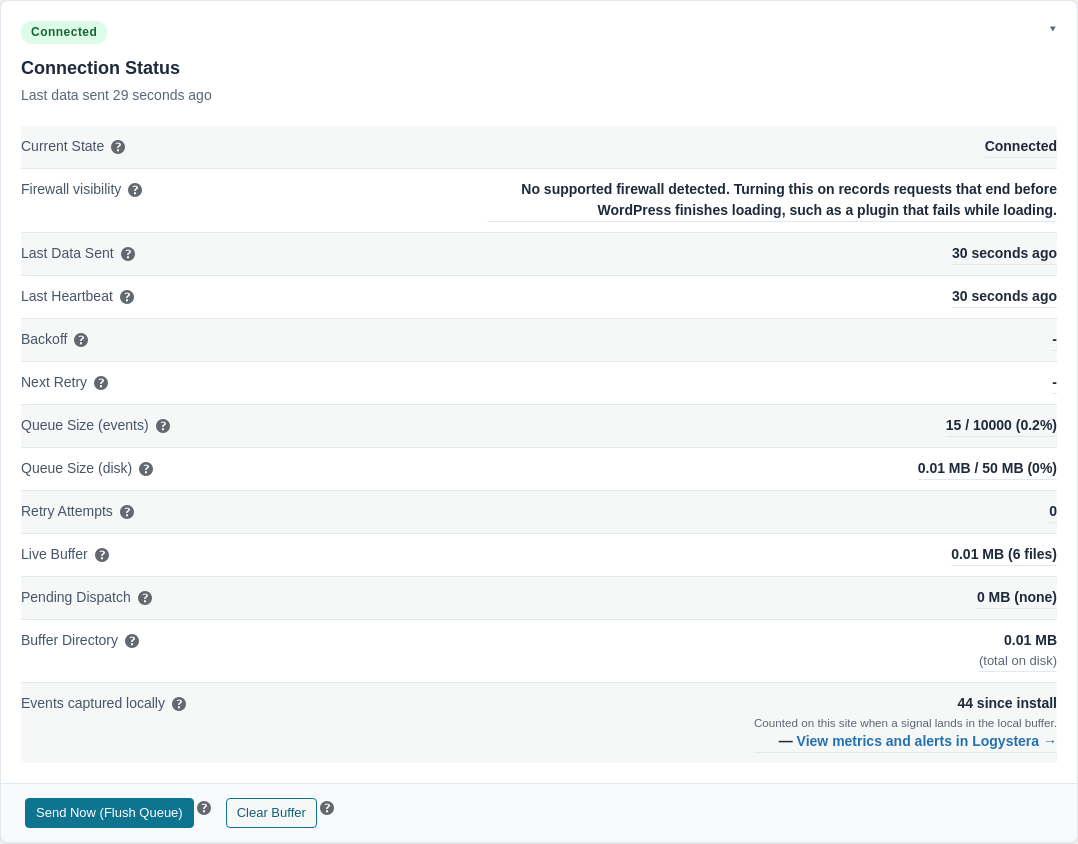 The Connection Status card with queue and buffer rows