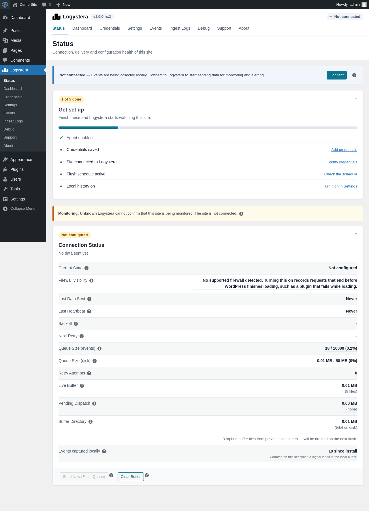 The Status page before connecting