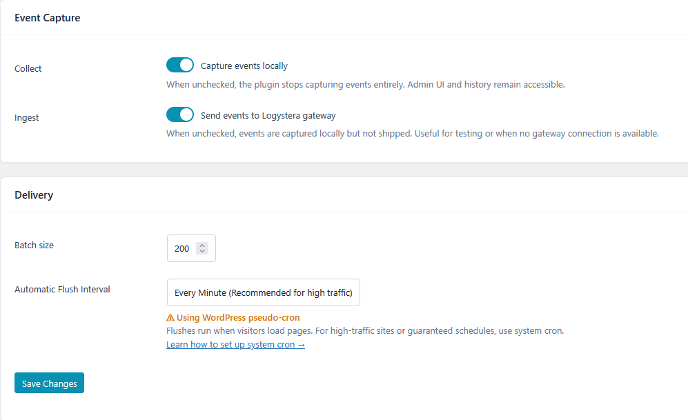 Settings — Event Capture and Delivery