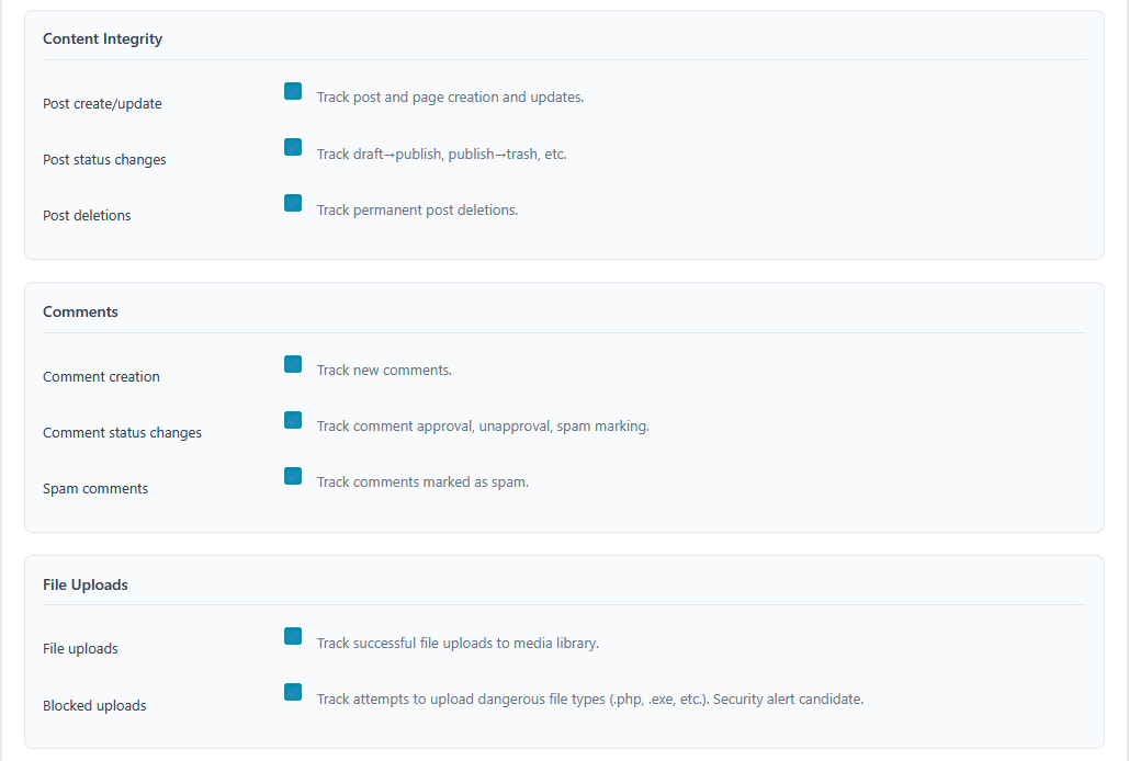 Settings — Event Hooks: Content & Uploads