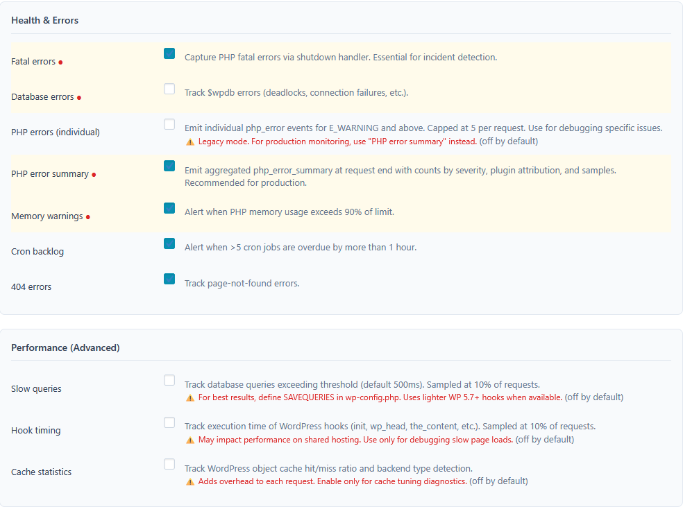 Settings — Event Hooks: Health & Errors