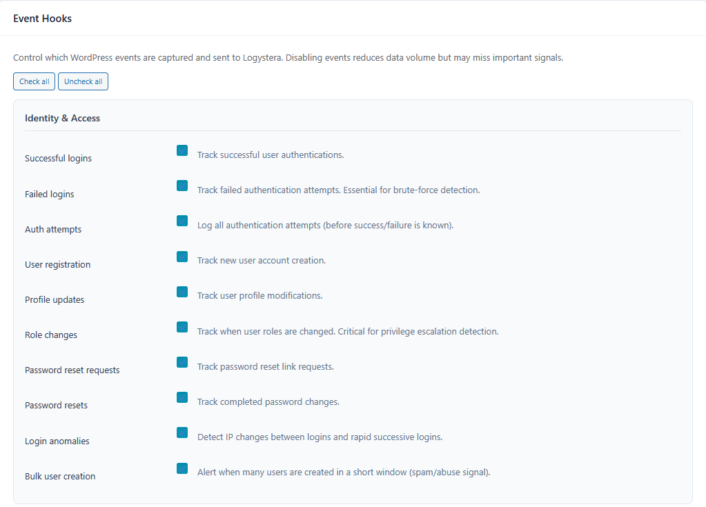 Settings — Event Hooks: Identity & Access